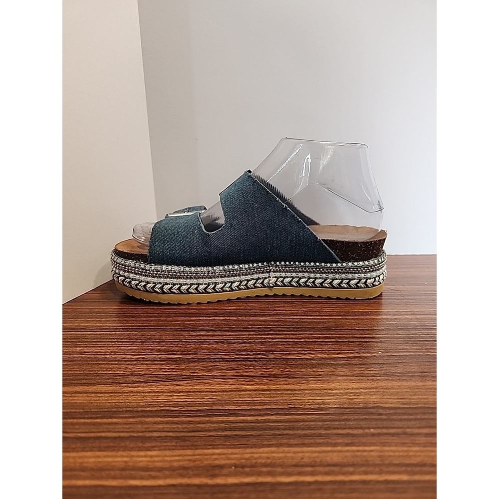 Bamboo Chunky Cork Platform Blue Denim Fringe Studded Slide Sandals, Size 7 - Picture 3 of 8